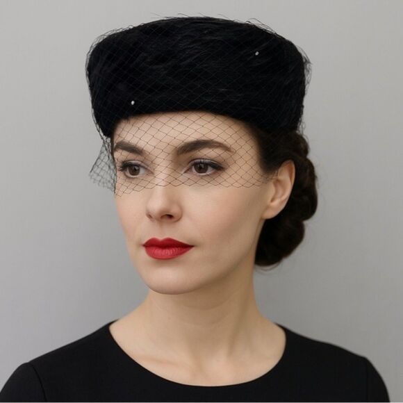 Vintage 1950s Coralie Feathered Pillbox Hat Black Velour with Veil & Rhinestones - Picture 1 of 15